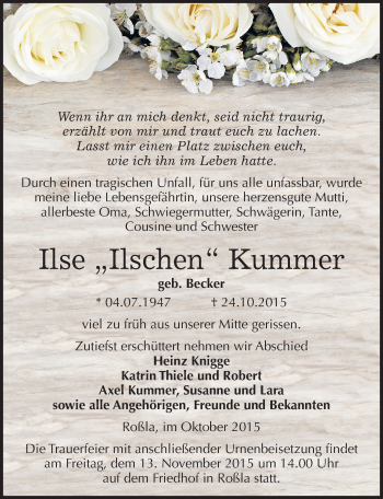 Traueranzeige von Ilse Kummer von Mitteldeutsche Zeitung Sangerhausen