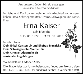 Traueranzeige von Erna Kaiser von WVG - Wochenspiegel NMB / WSF / ZTZ