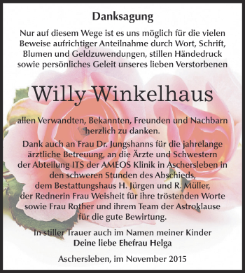 Traueranzeige von Willy Winkelhaus von Super Sonntag Aschersleben