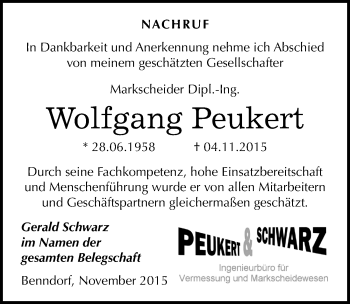 Traueranzeige von Wolfgang Peukert von Mitteldeutsche Zeitung