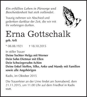 Traueranzeige von Erna Gottschalk von WVG - Wochenspiegel Wittenberg