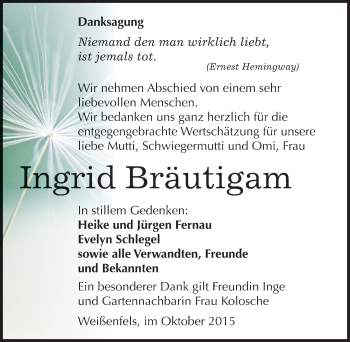 Traueranzeige von Ingrid Bräutigam von Mitteldeutsche Zeitung Weißenfels