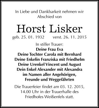 Traueranzeige von Horst Lisker von Mitteldeutsche Zeitung Weißenfels