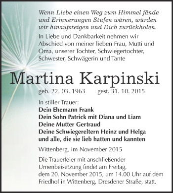 Traueranzeige von Martina Karpinski von WVG - Wochenspiegel Wittenberg
