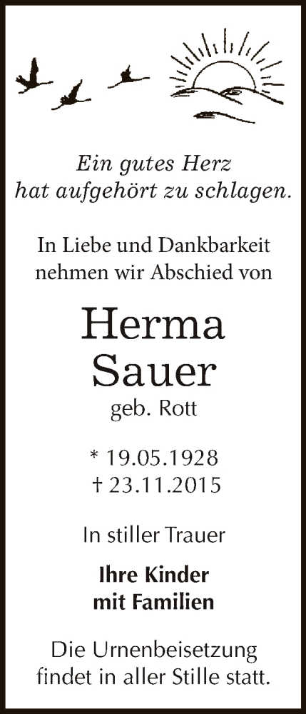  Traueranzeige für Herma Sauer vom 28.11.2015 aus WVG - Wochenspiegel Dessau / Köthen