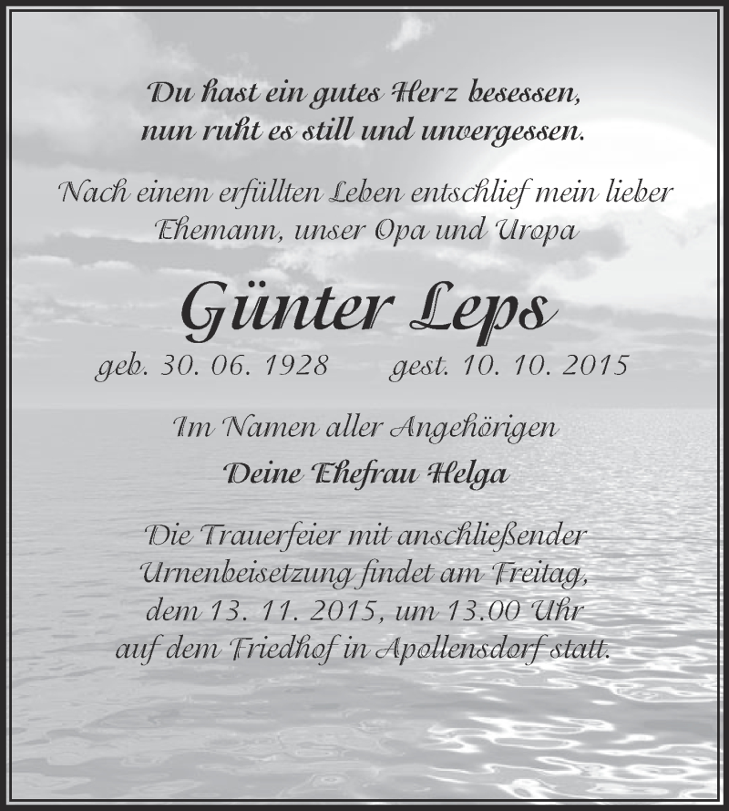  Traueranzeige für Günter Leps vom 07.11.2015 aus WVG - Wochenspiegel Wittenberg