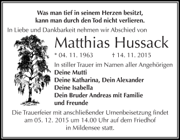 Traueranzeige von Matthias Hussack von WVG - Wochenspiegel Dessau / Köthen