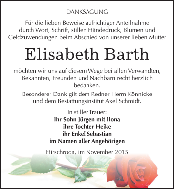 Traueranzeige von Elisabeth Barth von Mitteldeutsche Zeitung Naumburg/Nebra