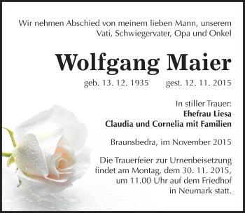 Traueranzeige von Wolfgang Maier von Mitteldeutsche Zeitung Merseburg/Querfurt
