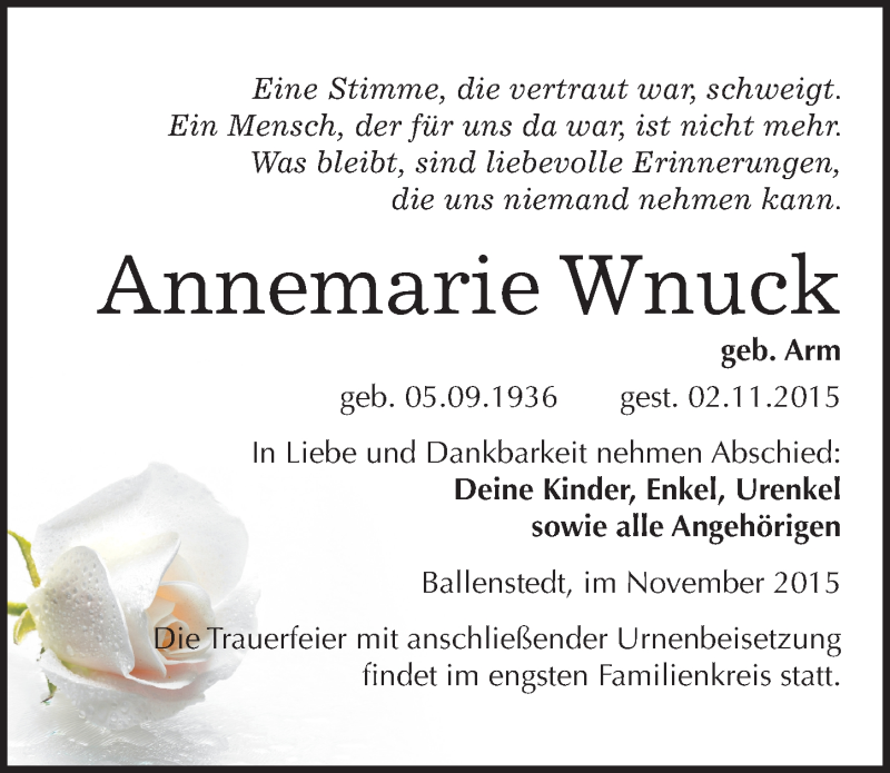  Traueranzeige für Annemarie Wnuck vom 05.11.2015 aus Mitteldeutsche Zeitung Quedlinburg