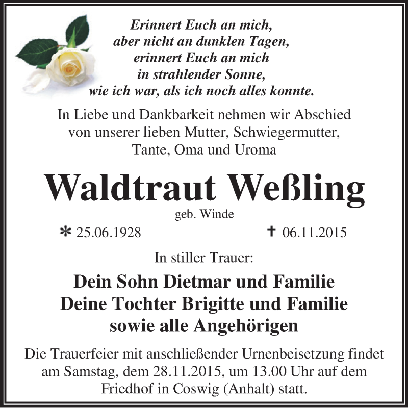  Traueranzeige für Waldtraut Weßling vom 14.11.2015 aus WVG - Wochenspiegel Dessau / Köthen
