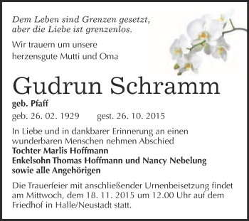 Traueranzeige von Gudrun Schramm von Super Sonntag Halle