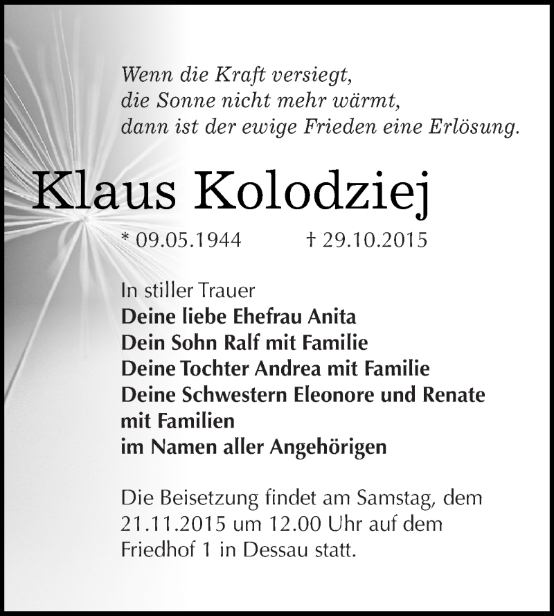  Traueranzeige für Klaus Kolodziej vom 04.11.2015 aus WVG - Wochenspiegel Dessau / Köthen