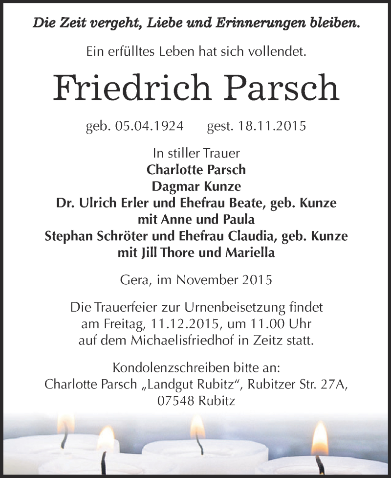  Traueranzeige für Friedrich Parsch vom 28.11.2015 aus Super Sonntag Zeitz