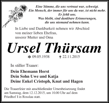 Traueranzeige von Ursel Thürsam von WVG - Wochenspiegel Dessau / Köthen