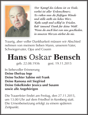 Traueranzeige von Hans Oskar Bensch von Mitteldeutsche Zeitung Wittenberg