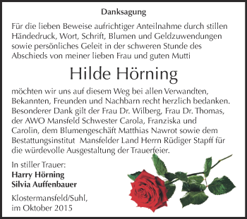 Traueranzeige von Hilde Hörning von Wochenspiegel Mansfelder Land