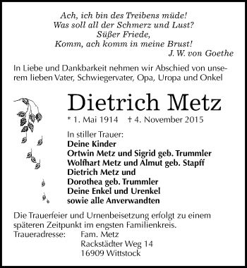 Traueranzeige von Dietrich Metz von Mitteldeutsche Zeitung Naumburg/Nebra