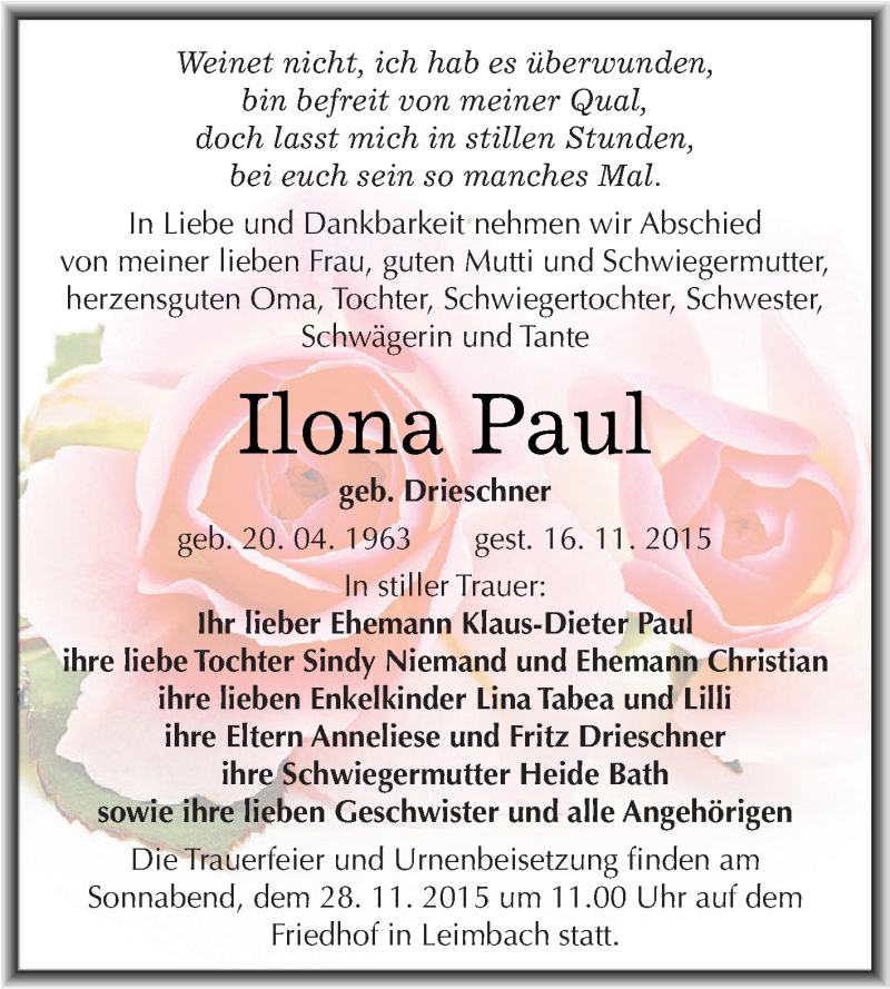  Traueranzeige für Ilona Paul vom 21.11.2015 aus Super Sonntag SGH Mansf. Land