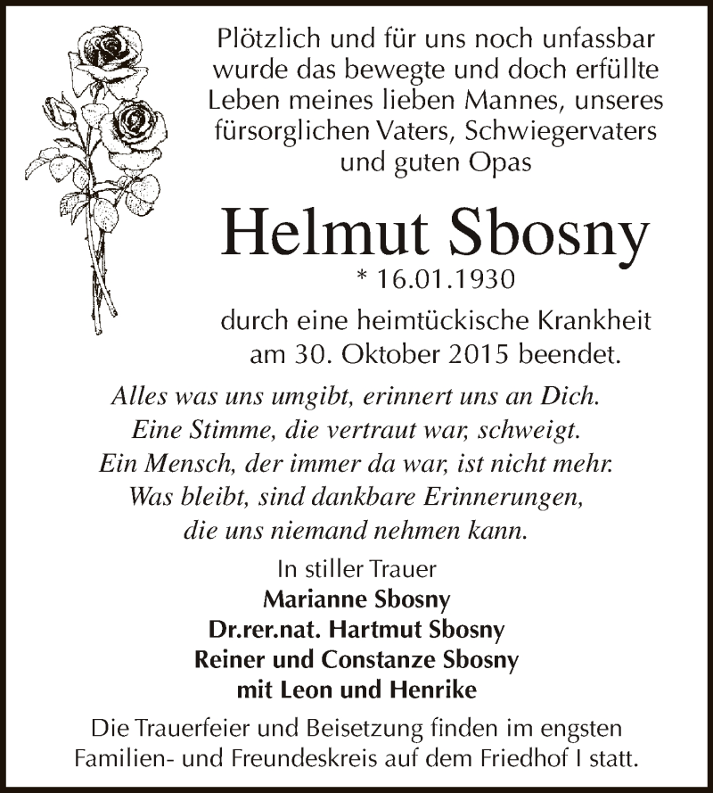 Traueranzeige für Helmut Sbosny vom 14.11.2015 aus WVG - Wochenspiegel Dessau / Köthen