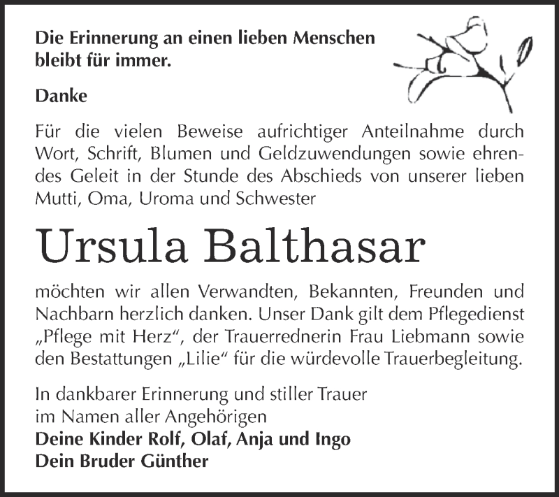  Traueranzeige für Ursula Balthasar vom 21.11.2015 aus WVG - Wochenspiegel Dessau / Köthen