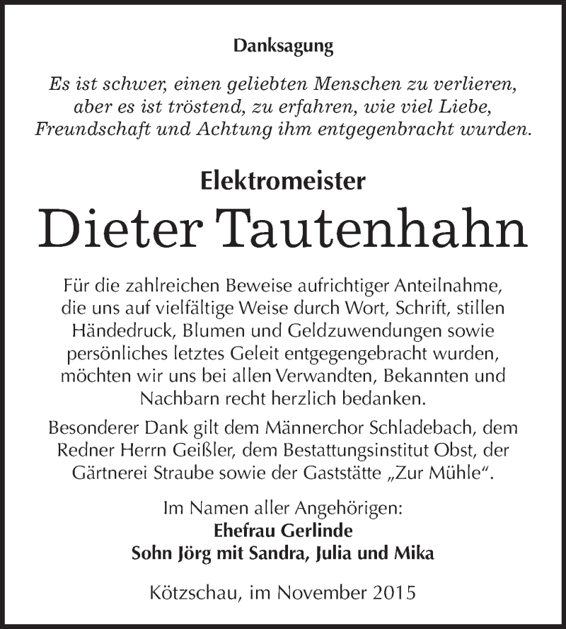  Traueranzeige für Dieter Tautenhahn vom 28.11.2015 aus Super Sonntag Merseburg