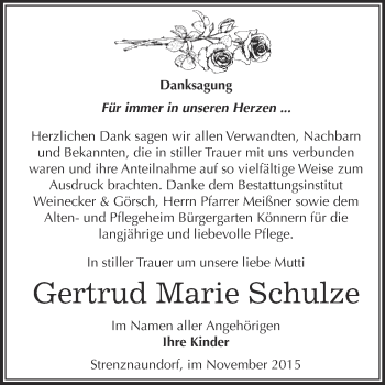 Traueranzeige von Gertrud Marie Schulze von Super Sonntag Bernburg