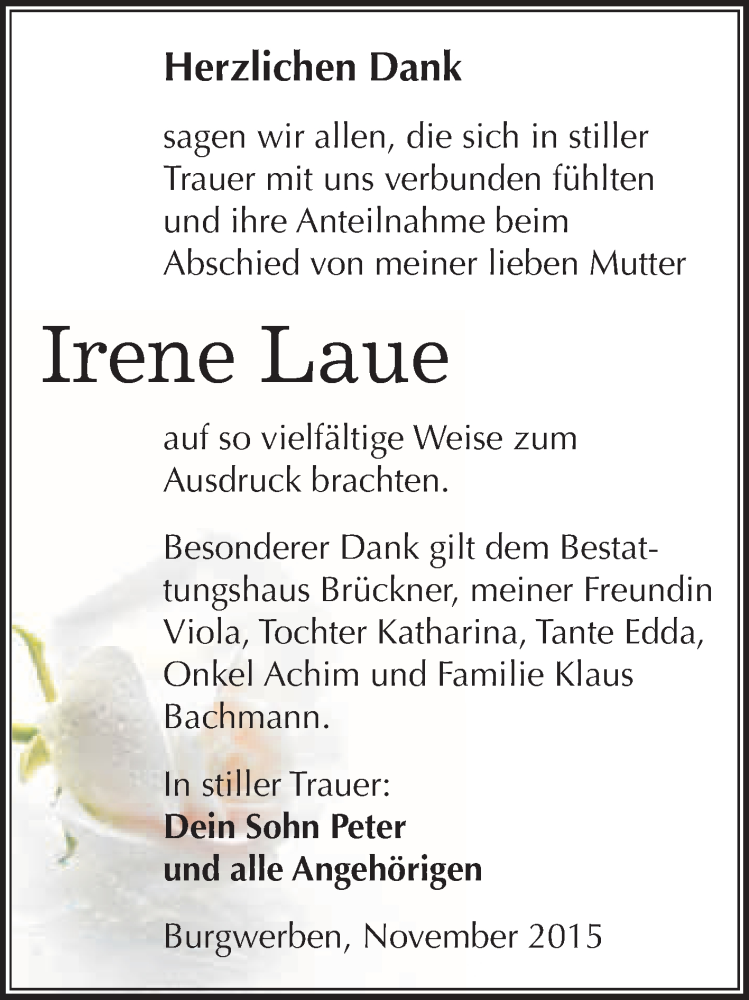  Traueranzeige für Irene Laue vom 18.11.2015 aus WVG - Wochenspiegel NMB / WSF / ZTZ