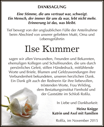 Traueranzeige von Ilse Kummer von Super Sonntag SGH Mansf. Land