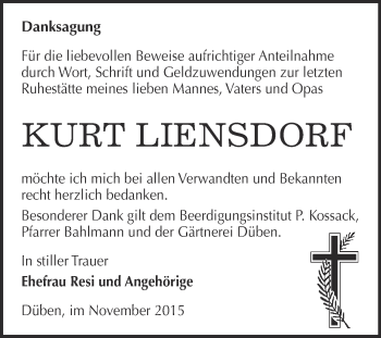 Traueranzeige von Kurt Liensdorf von Super Sonntag Wittenberg