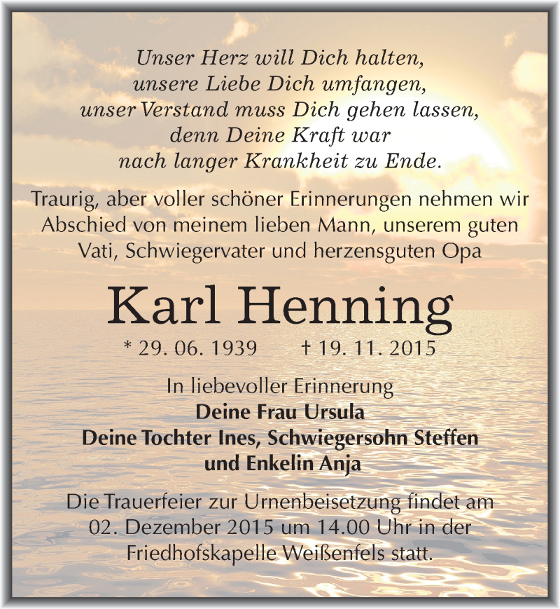  Traueranzeige für Karl Henning vom 24.11.2015 aus Mitteldeutsche Zeitung Weißenfels
