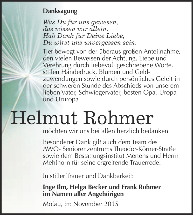  Traueranzeige für Helmut Rohmer vom 25.11.2015 aus WVG - Wochenspiegel NMB / WSF / ZTZ