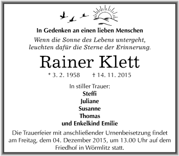 Traueranzeige von Rainer Klett von Mitteldeutsche Zeitung Halle/Saalkreis