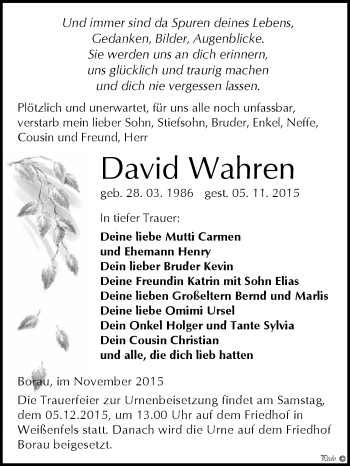 Traueranzeige von David Wahren von WVG - Wochenspiegel NMB / WSF / ZTZ
