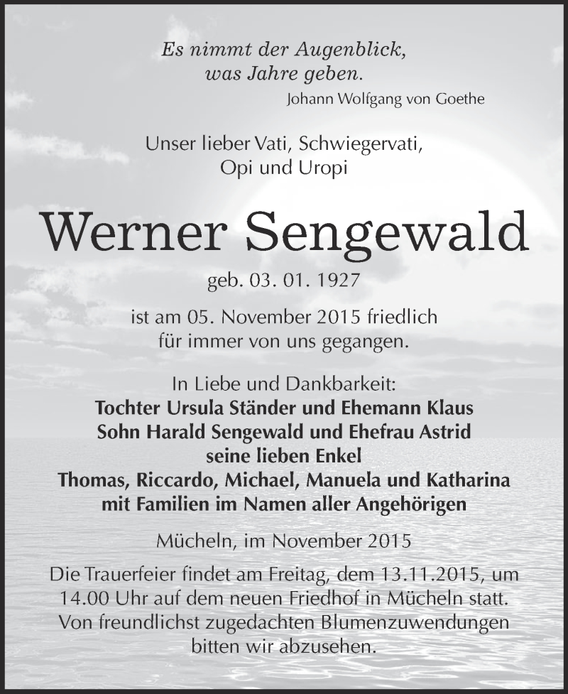  Traueranzeige für Werner Sengewald vom 11.11.2015 aus WVG - Wochenspiegel Merseburg