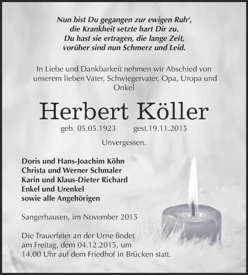  Traueranzeige für Herbert Köller vom 28.11.2015 aus Super Sonntag SGH Mansf. Land