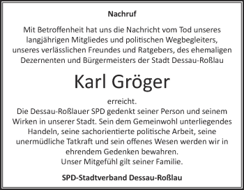 Traueranzeige von Karl Gröger von Super Sonntag Dessau / Köthen