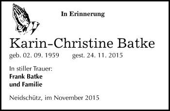Traueranzeige von Karin-Christine Batke von Mitteldeutsche Zeitung Naumburg/Nebra