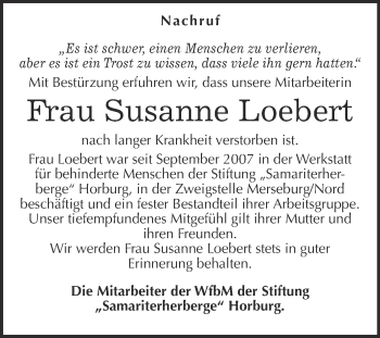 Traueranzeige von Susanne Loebert von Super Sonntag Merseburg