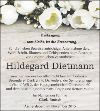 Traueranzeige von Hildegard Dietmann von Super Sonntag Aschersleben