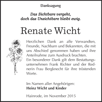 Traueranzeige von Renate Wicht von Super Sonntag SGH Mansf. Land