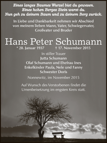 Traueranzeige von Hans Peter Schumann von Super Sonntag Zeitz