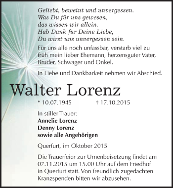 Traueranzeige von Walter Lorenz von Mitteldeutsche Zeitung Merseburg/Querfurt