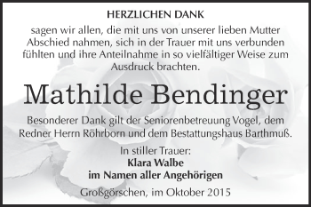 Traueranzeige von Mathilde Bendinger von WVG - Wochenspiegel Merseburg