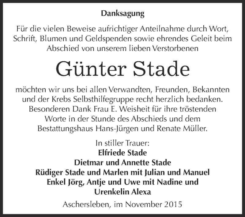 Traueranzeige für Günter Stade vom 04.11.2015 aus Super Sonntag Aschersleben