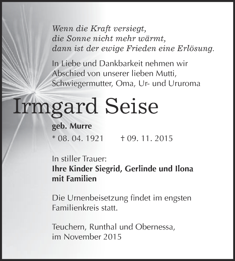  Traueranzeige für Irmgard Seise vom 18.11.2015 aus WVG - Wochenspiegel NMB / WSF / ZTZ