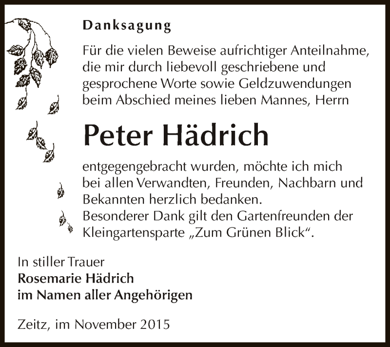  Traueranzeige für Peter Hädrich vom 28.11.2015 aus Super Sonntag Zeitz