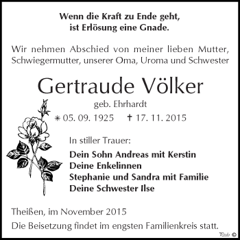 Traueranzeige von Gertraude Völker von Super Sonntag Zeitz