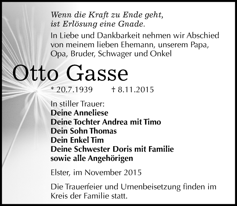  Traueranzeige für Otto Gasse vom 14.11.2015 aus Mitteldeutsche Zeitung Wittenberg
