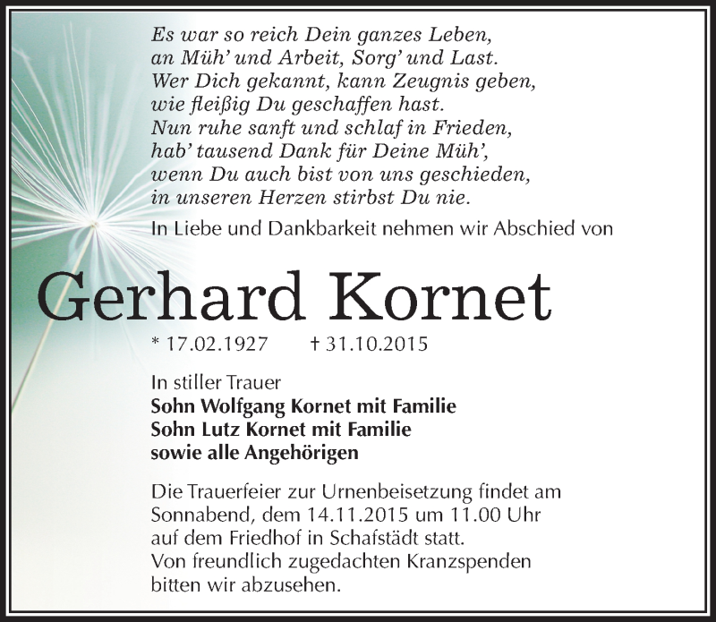  Traueranzeige für Gerhard Kornet vom 07.11.2015 aus Mitteldeutsche Zeitung Merseburg/Querfurt